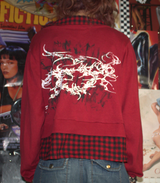 Custom Cropped Red Sweater with flannel and  Signature lakeside artwork